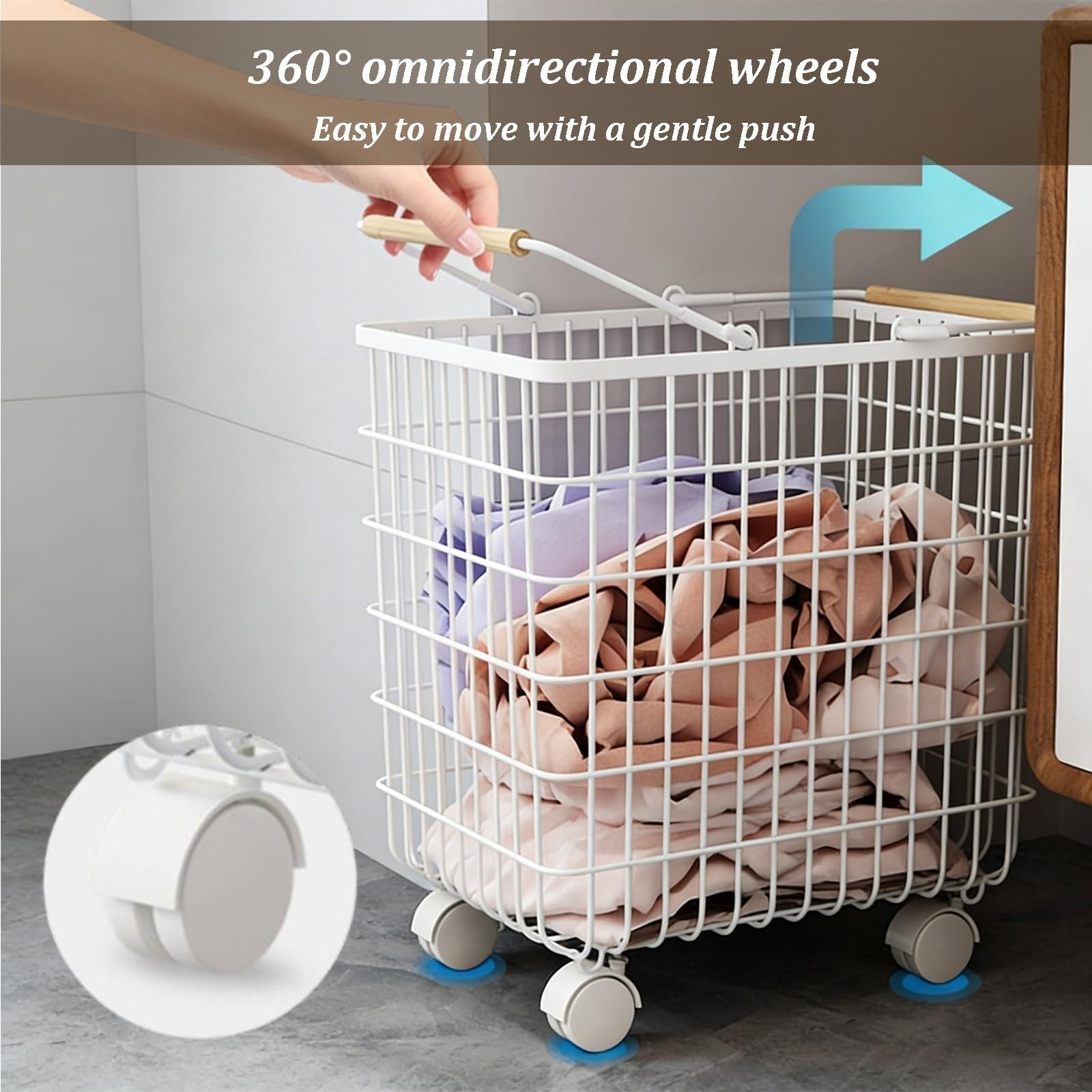 Cesto Portabiancheria Con Ruote, Cesto Robusto E Di Grande Capacità | Con maniglia, design salvaspazio for riporre in modo efficiente i vestiti sporchi(White,31cm)