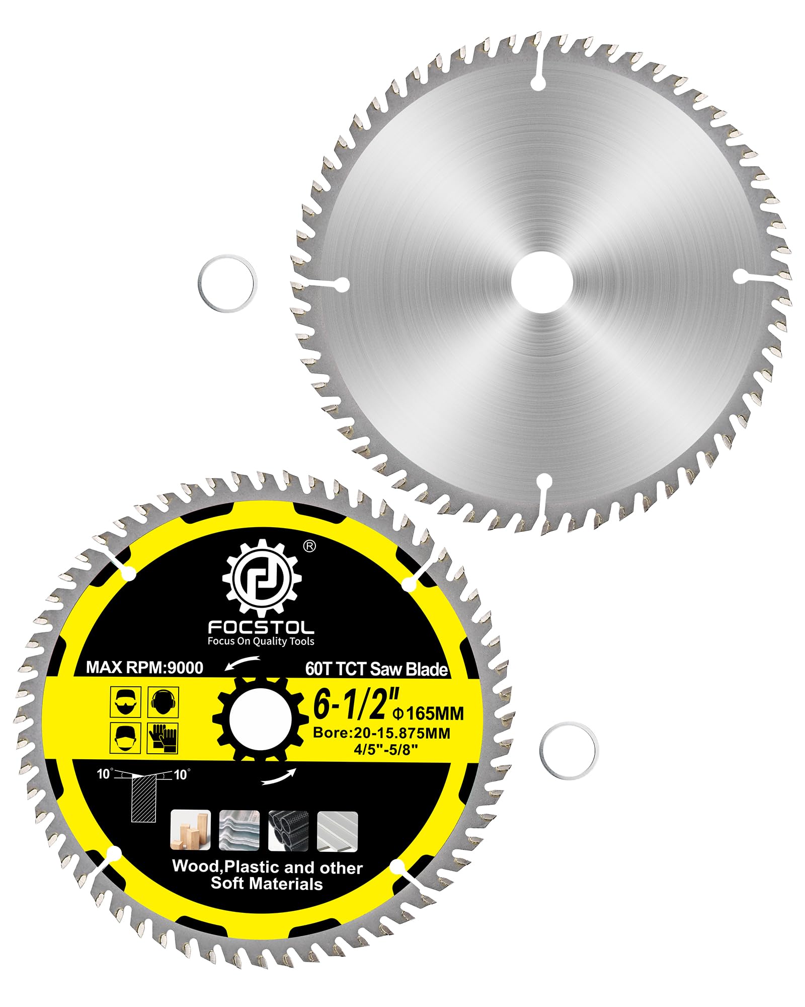 FOCSTOL Wood Cutting Circular Saw Blade 165mm - 2pcs 60 Tooth TCT Cutting Blade for Cutting Wood, Plywood, Particle Board, Plastics and Other Soft Materials