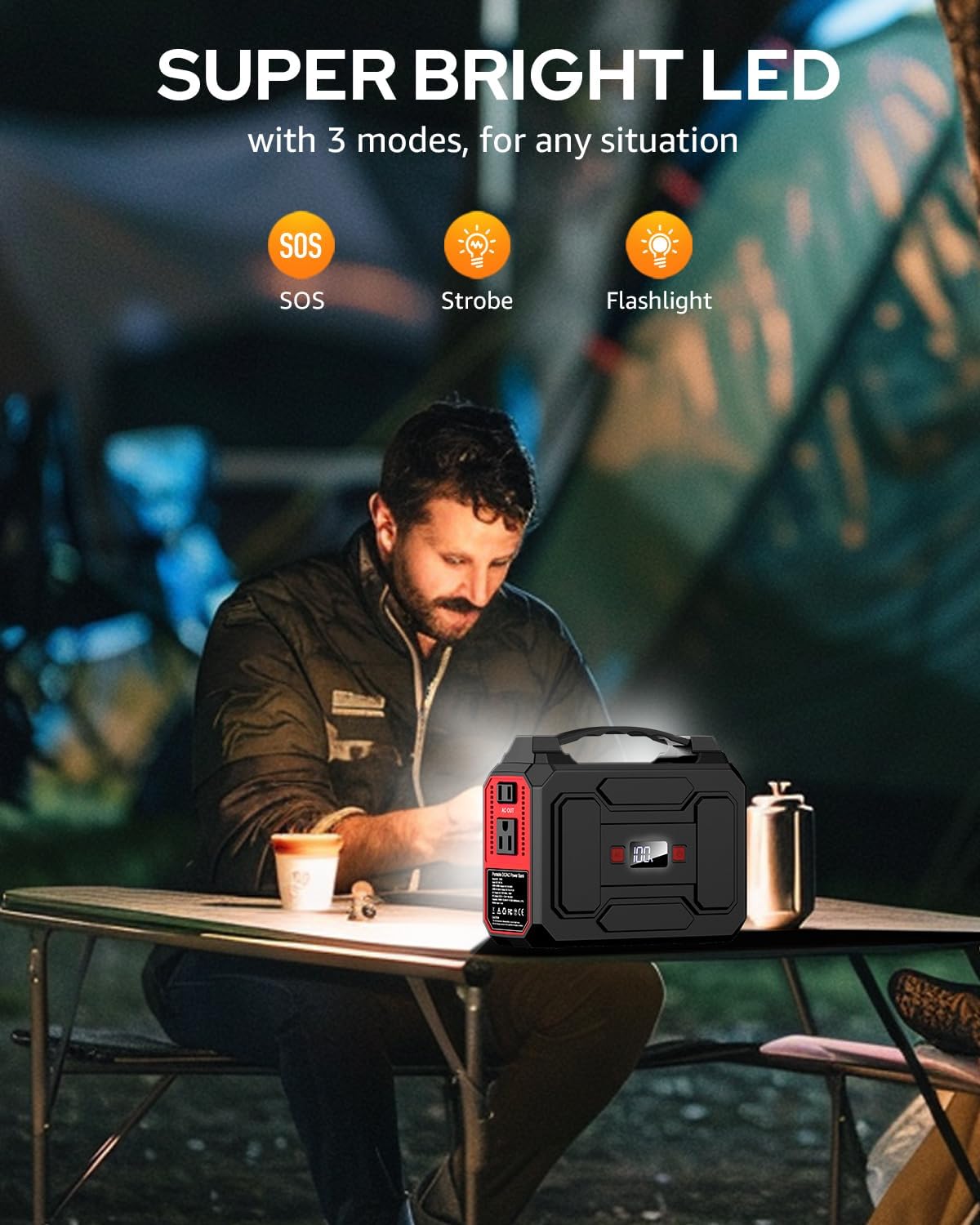 Apowking R100 Portable Power Station with its dual LED flashlight illuminated