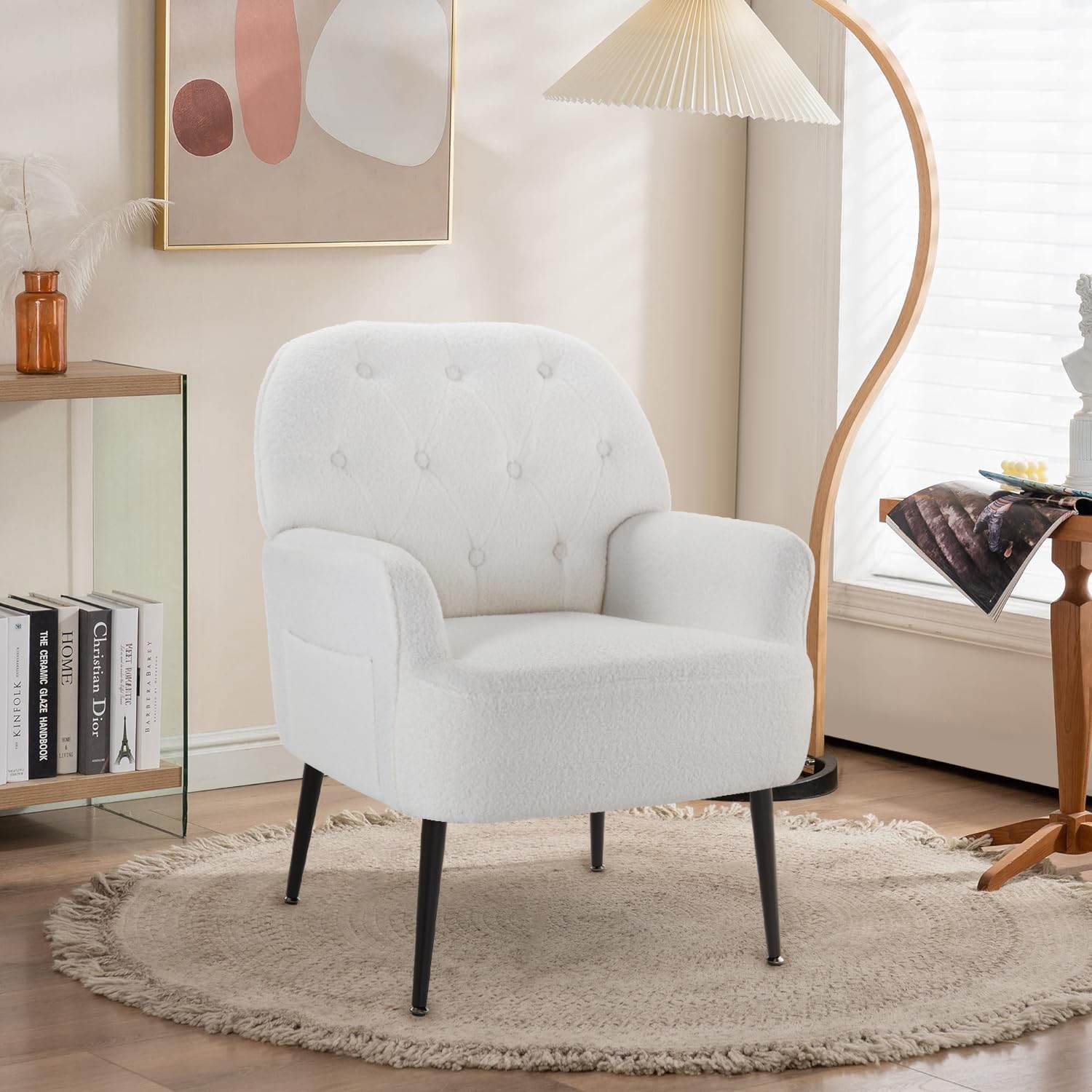 IWMH Sillón para sala de estar, silla decorativa de tela esponjosa para dormitorio, silla de lectura, cómoda silla grande ocasional de mediados de siglo, patas de metal, color blanco