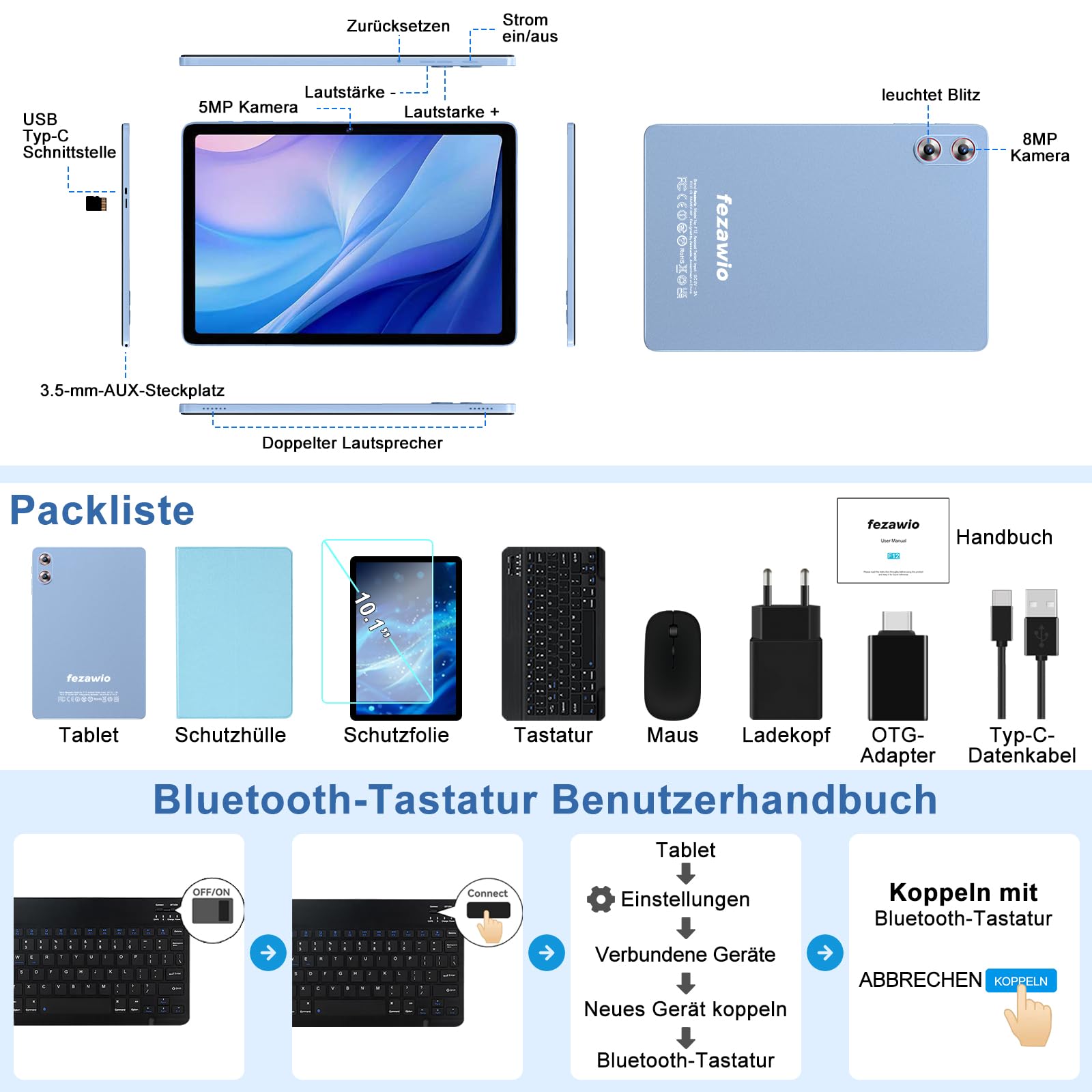 Tablet Android 15 Gemini AI 10,1 pollici,30GB RAM+128GB ROM,Widevine L1,blu | tablet con tastiera, mouse e custodia di protezione,Octa-Core, Wi-Fi 6, 8000mAh, jack audio 3,5 mm, GPS