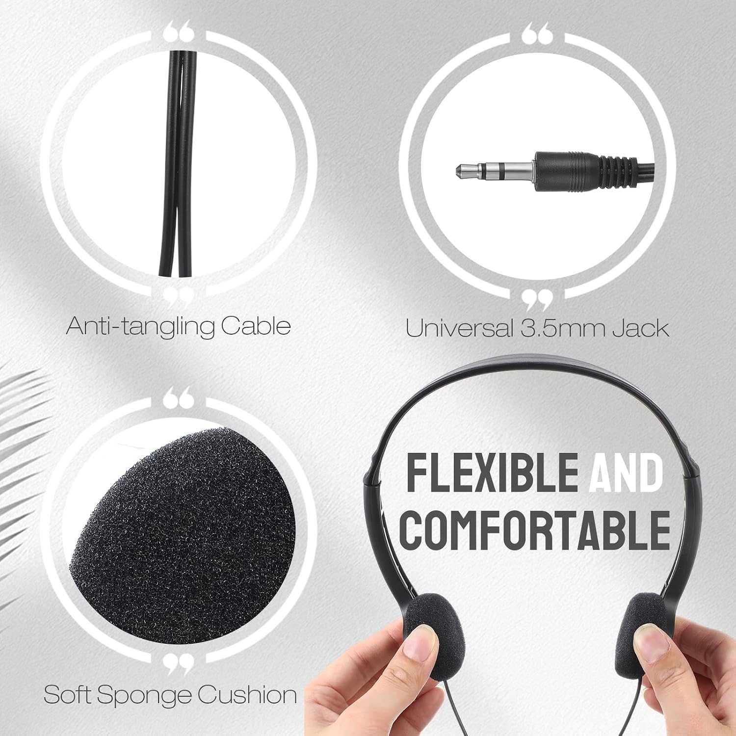 Konohan 30 Pack Bulk Classroom Headphones Wired Black Adjustable Over Ear Earbuds Headphones with 3.5 mm Plug for Teen Adults Students Schools Library Computer Labs Office Airplane