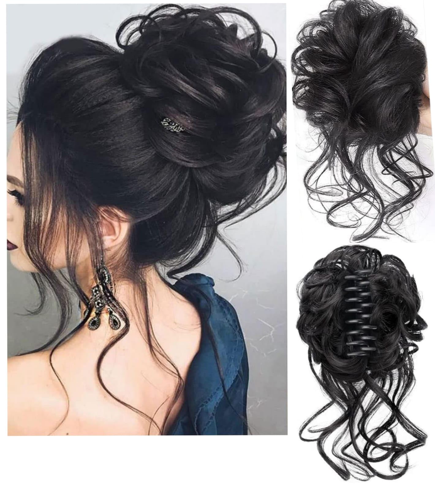 HAIR WALA™ Claw Synthetic Hair Bun Messy Curly Wavy Hair Bun Chignon Hair Pieces Extension Claw Ponytail Hair Bun Hair Ring Wrap For Women Updo Hairpiece, Black Color (2#)