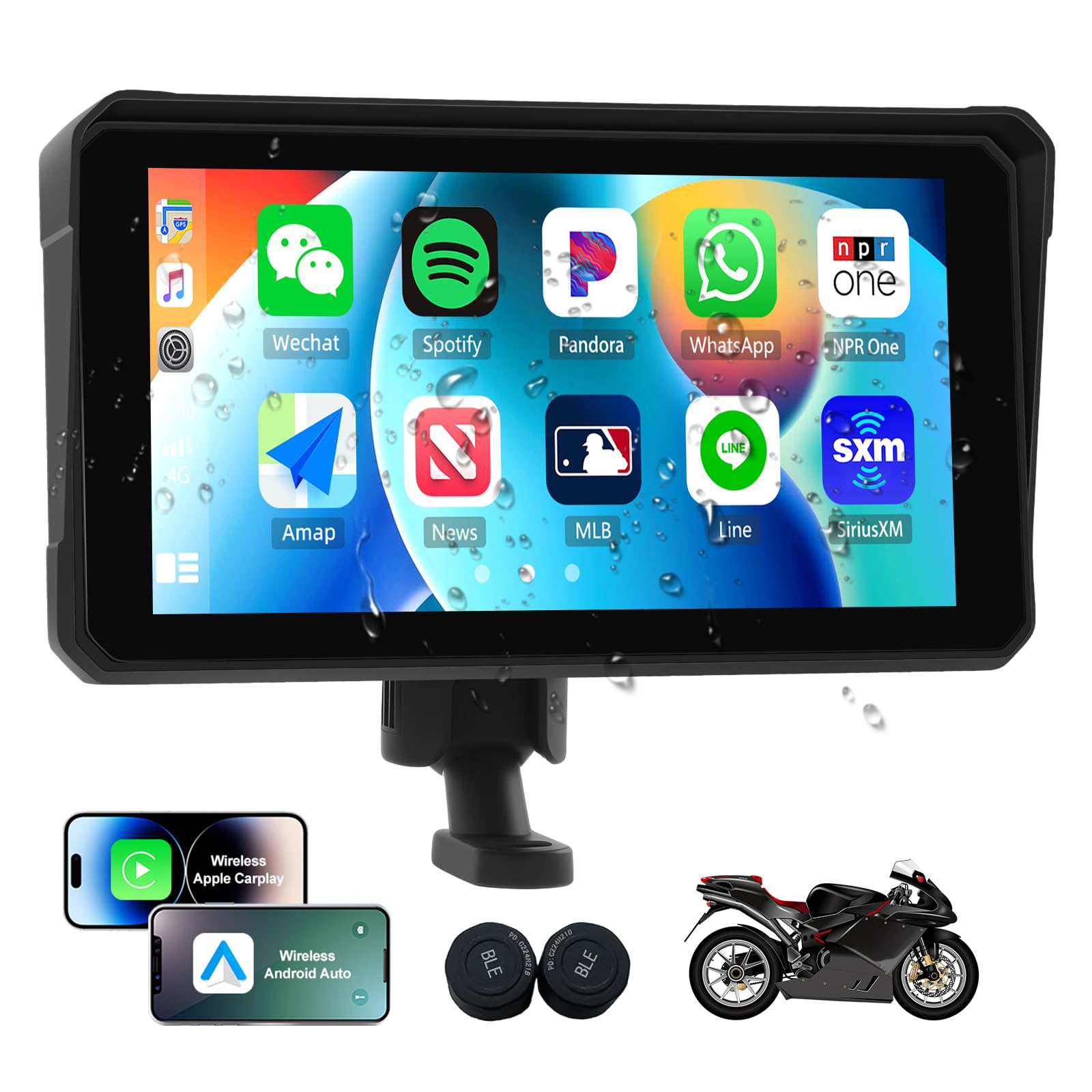 SIXTOP [TPMS Included] Motorcycle CarPlay Screen with Wireless Apple CarPlay Android Auto, TPMS, 6 Inch IP68 Waterproof HD Touch Screen for Motorbike,GPS Navigation,Dual Bluetooth, Mirror Link, EQ