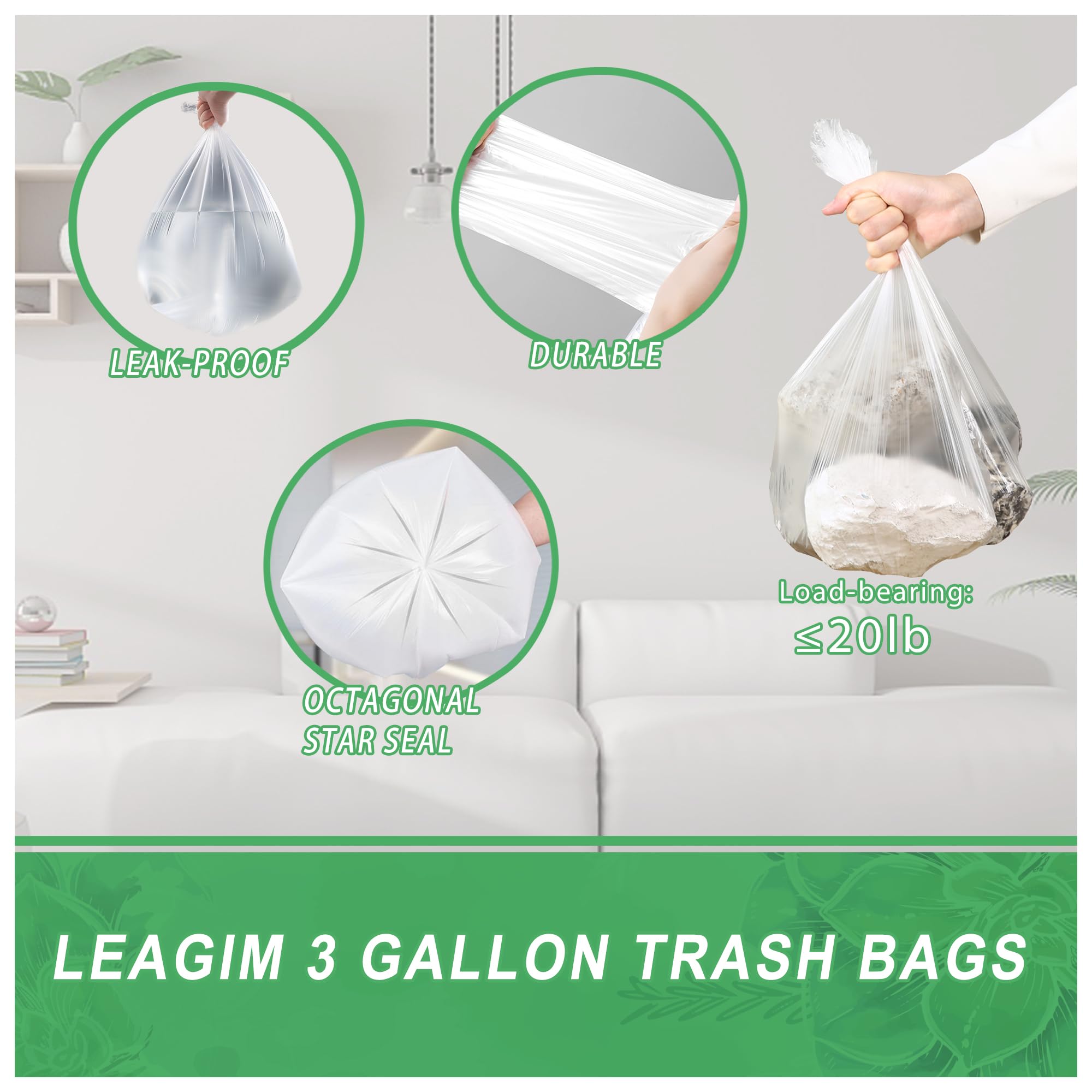 Small Trash Bags 3 Gallon, 108 Count Garbage Bags Bathroom Mini Trash Can Liners, fit 10-13 Liter Clear
