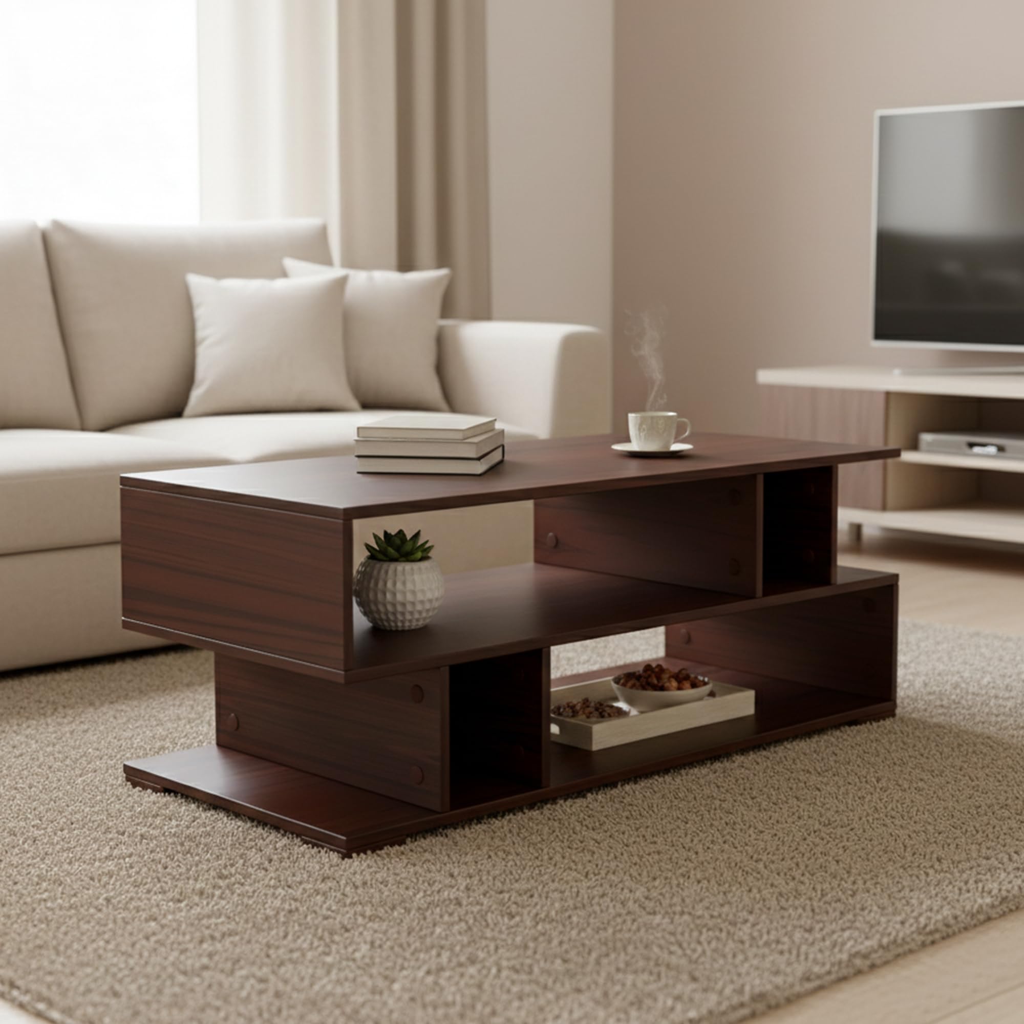 Green Soul Carya XL Engineered Wood Coffee Table | Center Table for Living Room | 1 Surface Top and 2 Shelves | Warranty Protected |105 × 48 × 42 cm | (Walnut)-image-43