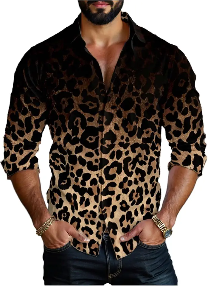 BEAUDRM Men's Leopard Shirts Cheetah Long Sleeve Button Down Collared Shirts Disco Party Top