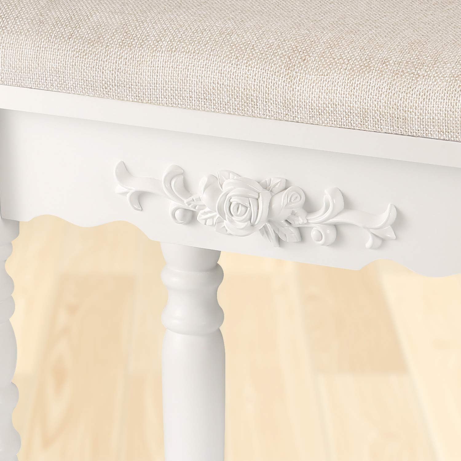 URFORESTIC Oak Wood Vanity Stool, Modern Makeup Dressing Stool with Concave Seat Surface,Capacity 300lb, Easy Assembly (White)