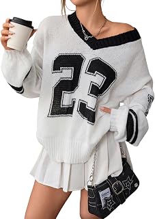 SOLY HUX Women's Y2k Oversized Sweater Number Graphic V Neck Drop Shoulder Long Sleeve Pullover Tops Price In India