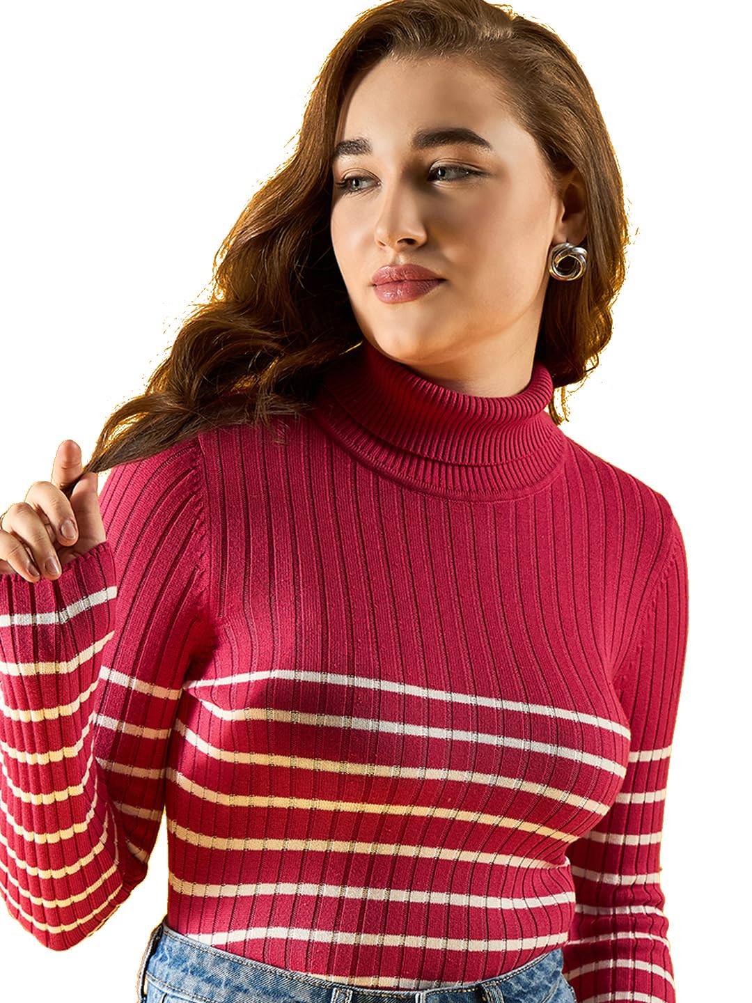 98 north 98 Degree North Women Cotton Self Design High Neck Pullover Has A Full Sleeves and Straight Hem-RG1157-F.Pink-picture-31