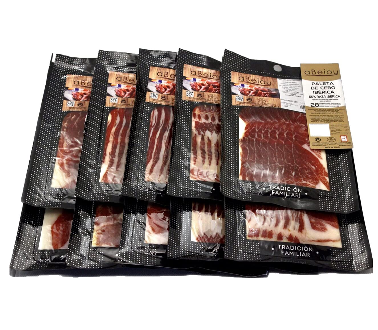 Jambon Ibérique (Épaule) Tranché 1 kg (10×100 g) — Affinage +28 Mois — Certifié Hycer — Jamón Ibérico de Cebo — Guijuelo Espagne — aBeiou