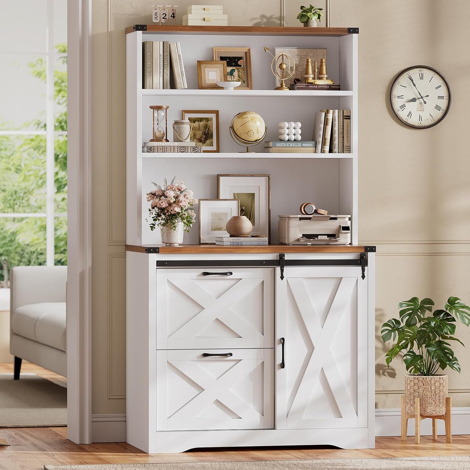 SEDETA 2 Drawer File Cabinet, Farmhouse Filing Cabinet for Home Office fits Legal/Letter/A4 File, Office File Cabinets with Printer Stand, Sliding Door and Storage Bookshelf, White + Brown