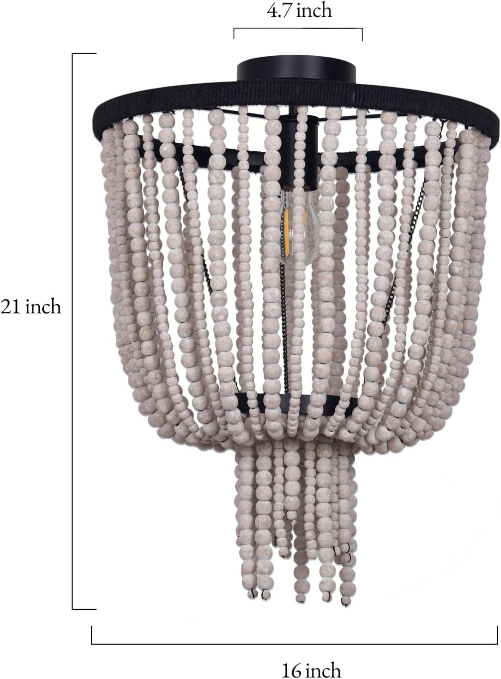 16" Wood Beaded Semi Flush Ceiling Light - Bohemian Style Chandelier for Dining Room, Bedroom, Living Room