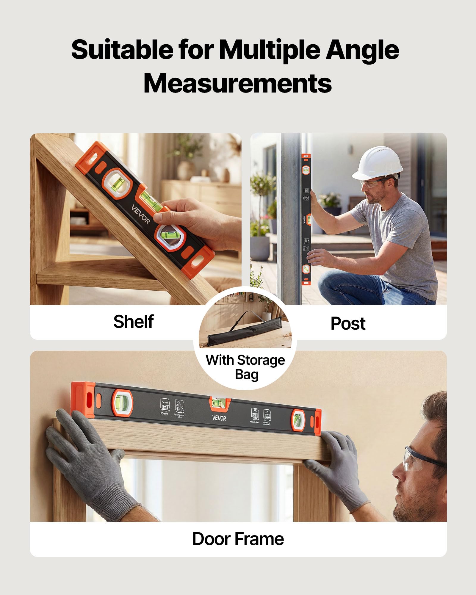 VEVOR Torpedo Level, 3-Piece Included 9/16/24 in, Magnetic Leveler Tool Set Aluminum Alloy, with Clear 3 Green Vials, V-Groove, Hanging Hole, Multi-angle Measurement for Construction Home Renovation — Amazon image 6