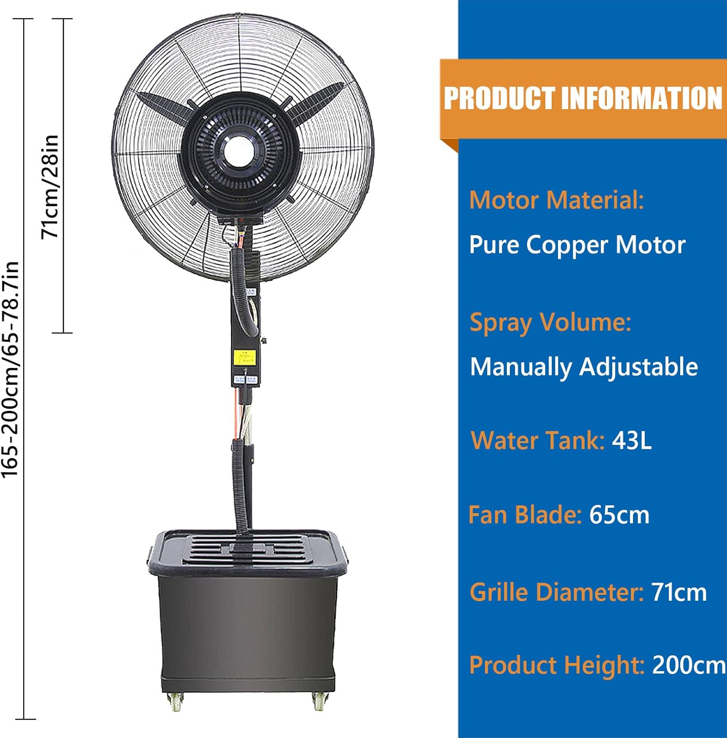 Adjustable Height Misting Fan, 3 Cooling Speeds with 11.5 Gallon Tank, Pedestal Fan for Backyards, Patios and More, 90° Oscillating, Black