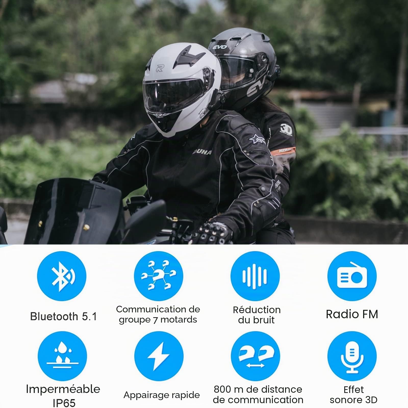 EJEAS Q7 Intercom Moto Duo pour 2 Casques, Système d'Interphone de Casque de Moto Bluetooth 5.1 avec Son Stéréo et Paire Rapide pour l'équitation, Le Ski et l'alpinisme (Lot de 2)