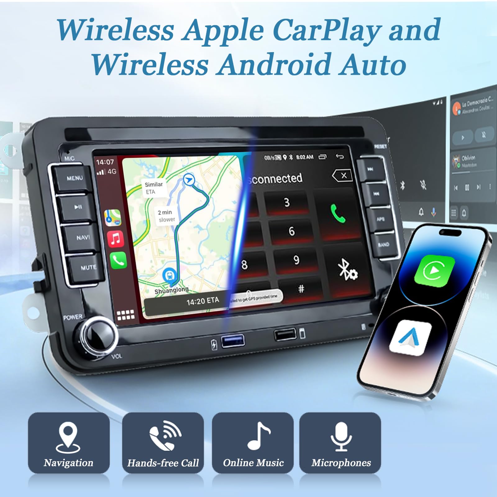 VW Auto radio of Golf 5 6 Doppio Din compatibile con CarPlay wireless/Android Auto per VW Polo Passat Caddy EOS T5 Touran con 7 Pollici IPS Mirror Link Bluetooth/FM/AM/USB/EQ/SWC