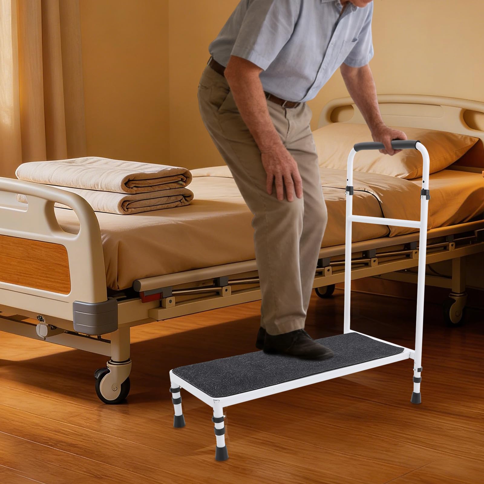 Scalino mobile di sicurezza per anziani, antiscivolo, 1 gradino, con corrimano regolabile, portata fino a 150 kg, ideale per vasca da bagno, letto e veicolo (bianco)