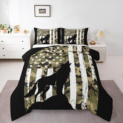 Erosebridal Howling Wolf Bedding - Juego de edredón de camuflaje militar, tamaño King, diseño de bandera estadounidense, edredón de plumón de