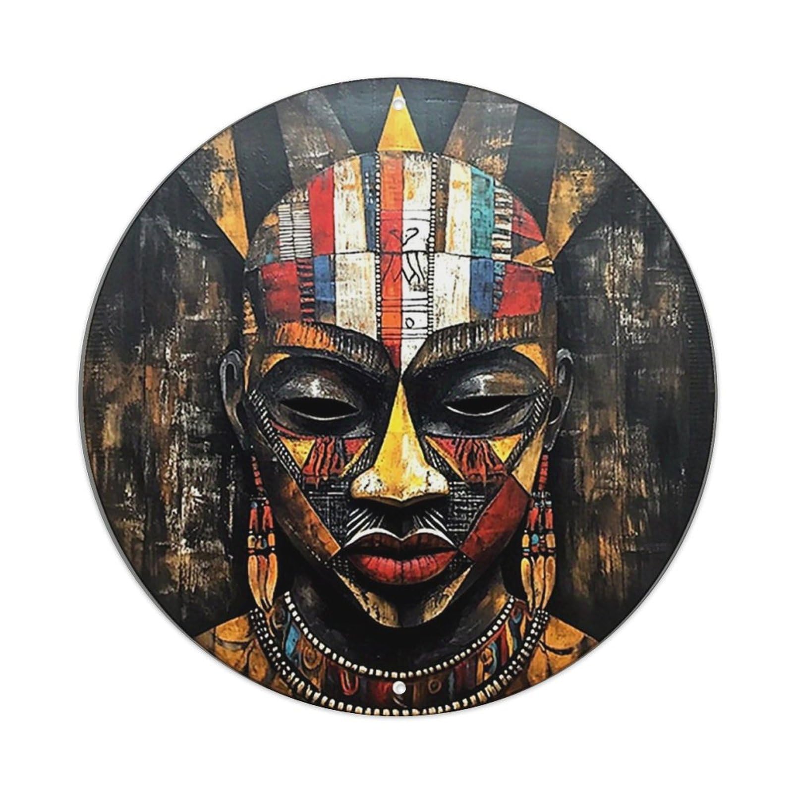 Abstract African Tribal Mask Art Vintage Metal Tin Sign Retro Wall Decor for Home Bar Garage Cafe, Indoor & Outdoor Decorative，circle Metal Poster, 8x8 Inch