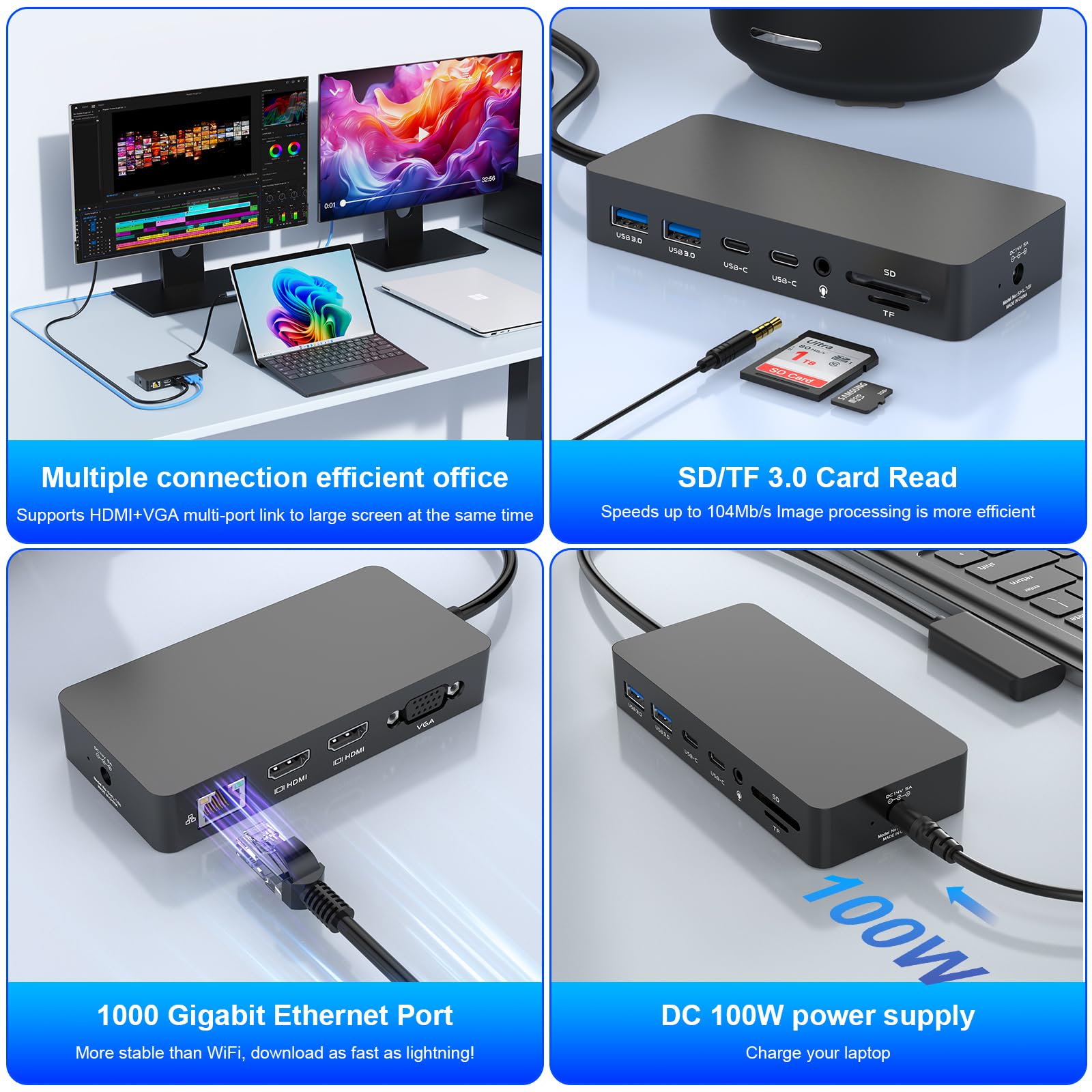 Surface Thunderbolt 4 stacja dokująca z zasilaczem 100 W – stacja dokująca Surface Pro 12 w 1 z podwójnym HDMI + VGA do Surface Pro 11/10/9/8/X/7+, Surface Go - 2 lata