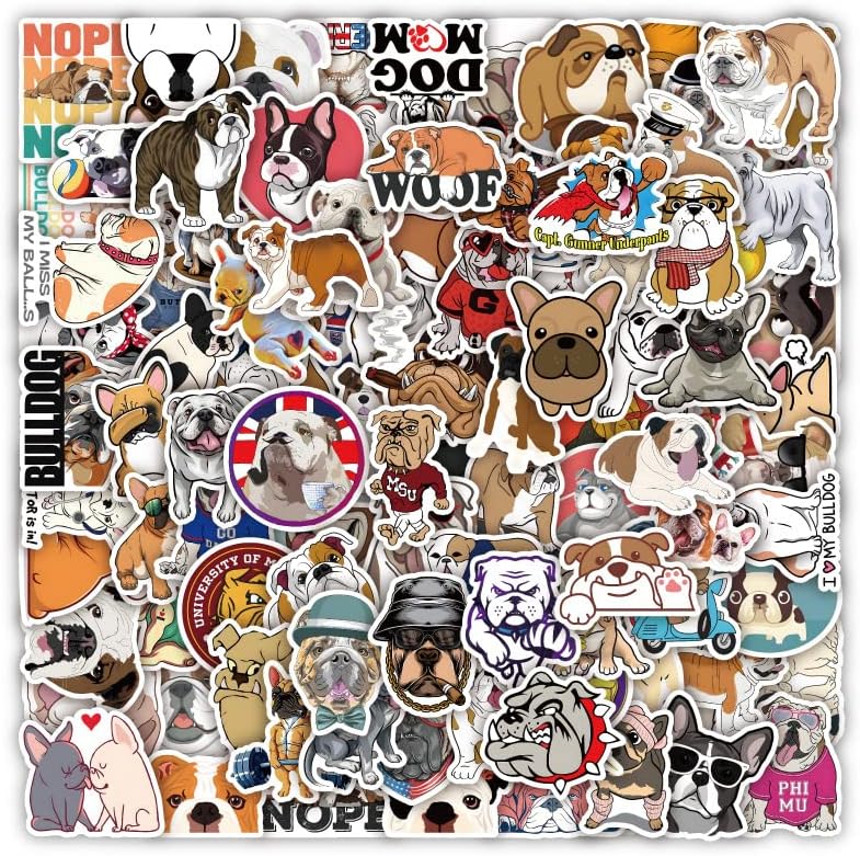 100Pcs Bulldog Stickers, Dogs Decal for Teens Girls Boys Kids Waterproof Vinyl Stickers for Laptop Tablet Phone Hydroflasks Water Bottle Bike Luggage Cup Computer Mug，Kawaii Animals Decals