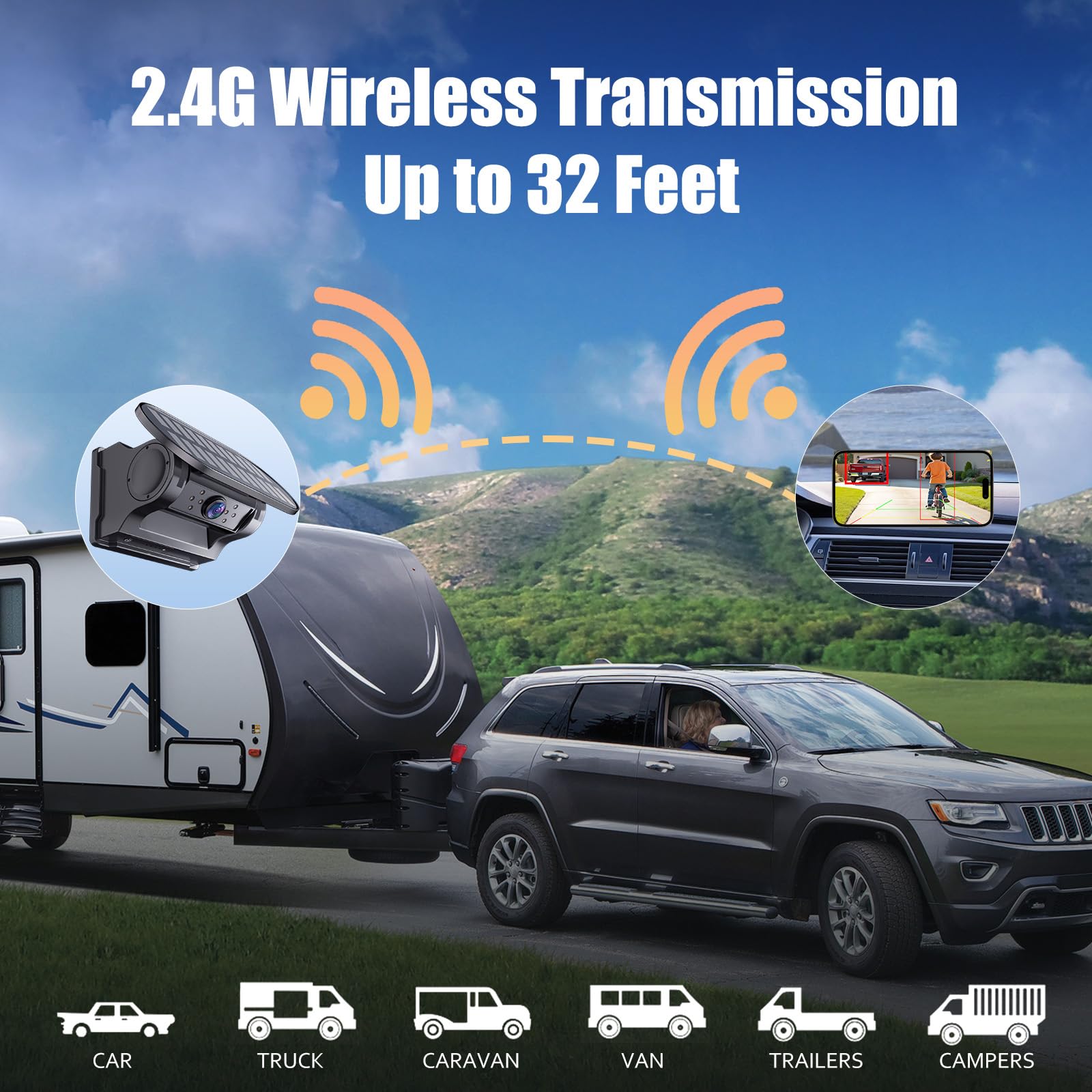 Solar Telecamera Retromarcia Wireless, WiFi Telecamera Posteriore per Auto, HD 1080P Visione Notturna, 9600 mAh Batteria Ricaricabile, Base Magnetica per Camion, Camper, Furgone, Rimorchio