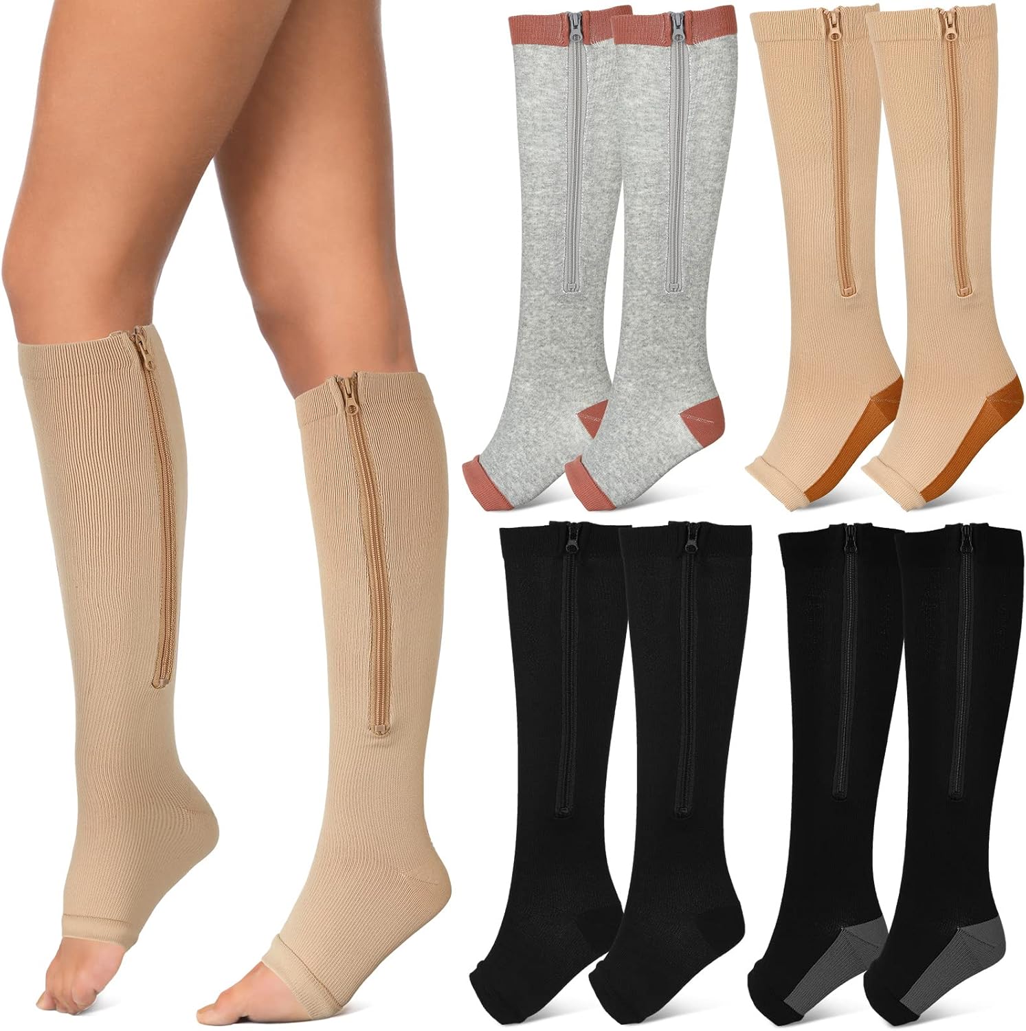 Lasnten 5 Pairs Zipper Compression Socks Open Toe