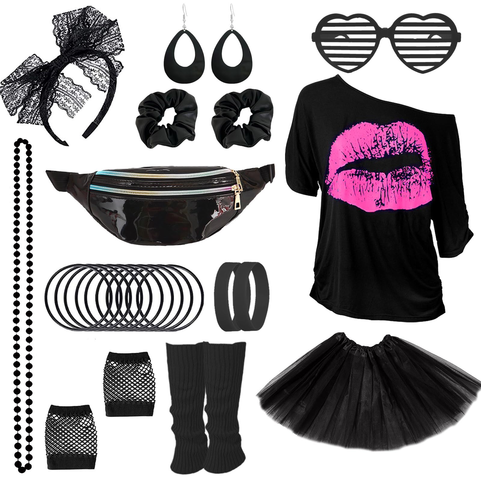 80s Costume Outfits Accessories Set for Girls, 1980s Fancy Dress Party Kits with T-shirt Tutu Bumbag Headband Earring Necklace Fishnet Gloves Leg Warmers Glasses Bracelet Scrunchies for Women Dress up
