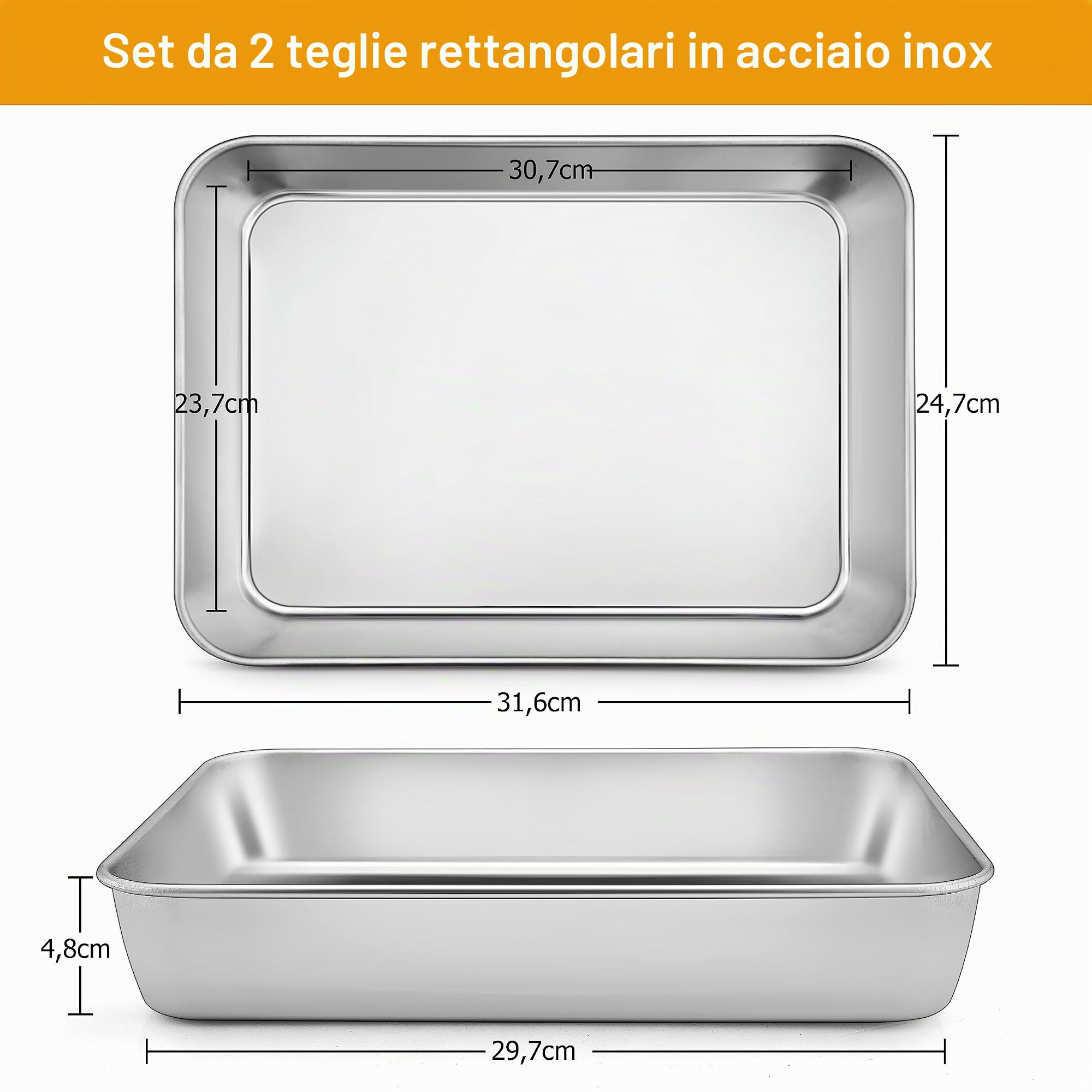 Homikit Teglia da forno in acciaio inox, grande teglia da forno, set da 2 pezzi, rettangolari, con profondità di 5 cm, per cuocere, arrostire, lucidata e lavabile in lavastoviglie, 31,6 x 24,7 x 4,8