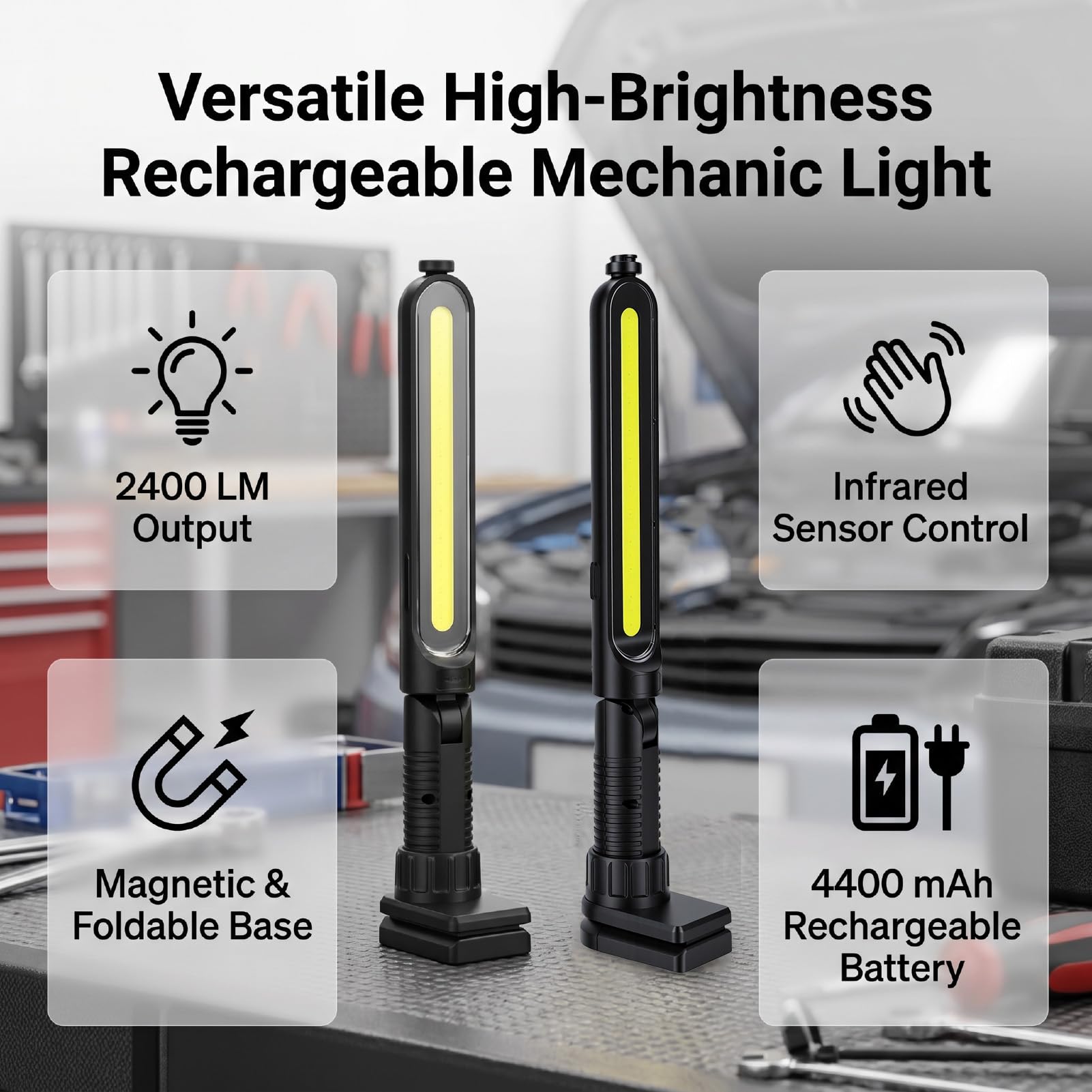GOWENIC Barra Luminosa da Lavoro Pieghevole Magnetica 2400LM Lampada da Meccanico a LED Ricaricabile con Sensore a Infrarossi Batteria da 4400 MAh per Lavori di Emergenza in Garage di Riparazione Auto