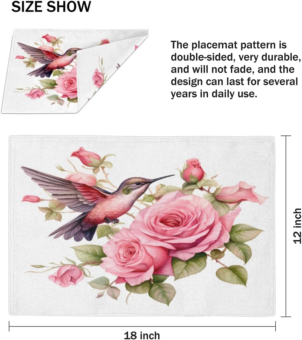 Flower Floral Hummingbird Placemats Set of 4 Decorative Dinner Place Mats Washable Table Mat for Gifts, Holiday, Birthday Party, Wedding & Dining