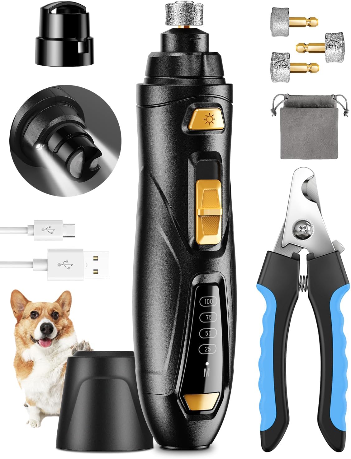Dog Nail Grinder Super Quiet Dog Nail Trimmers 3 Grinding Wheels 3 Speed Rechargeable Pet Nail Grinder LED Display Dog Nail Clippers Kit for Large Medium Small Dogs Cats Dog Nail File Toenail Clippers