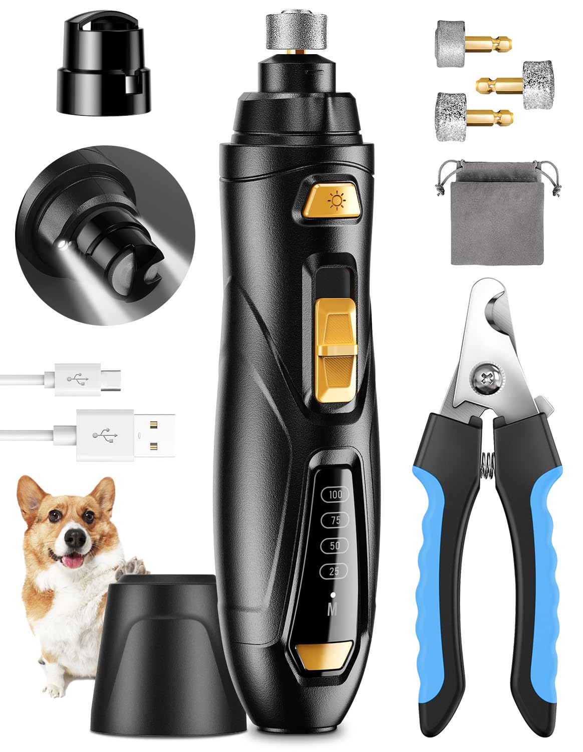 CADOLS Dog Nail Grinder & Clipper 2-in-1 Set - 25dB Ultra Quiet with 3 Grinding Wheels & 2 LED Lights, Rechargeable for Large/Puppy Dogs & Cats, 3-