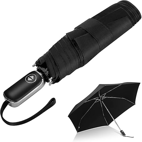 LEAGERA Automatic Flat Umbrella -Collapsible Portable Pocket Umbrella for Travel - Compact Mini Small Ultralight Umbrella for Backpack,Black