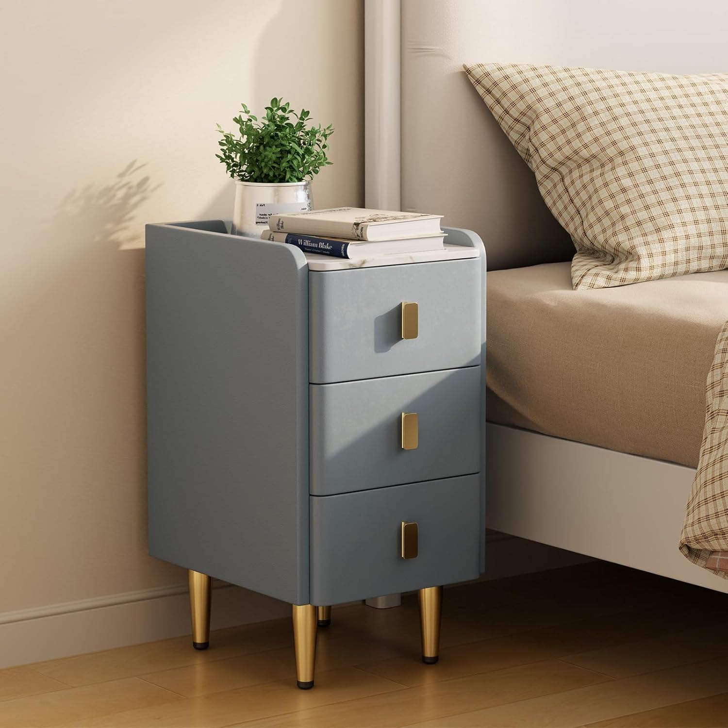 Narrow Nightstand with Drawers, Narrow Side Table Leather, Small Bedside Tables for Bedroom. (Dark Gray) 11.8'' Dark Gray