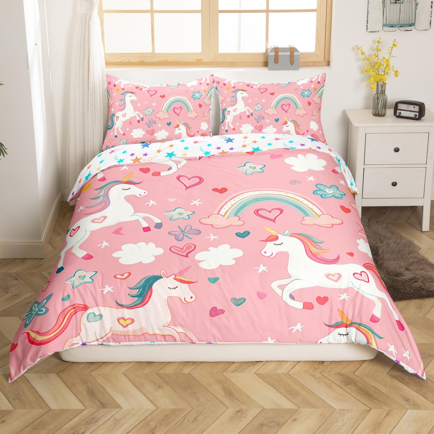 Loussiesd Unicorn Bedding Duvet Cover Set King Size Flower Bedding Set for Kids Boys Girls Decor Rainbow Butterfly Comforter Cover Set Unicorn Glitter Pink Purple Bedspread Cover - Image 2