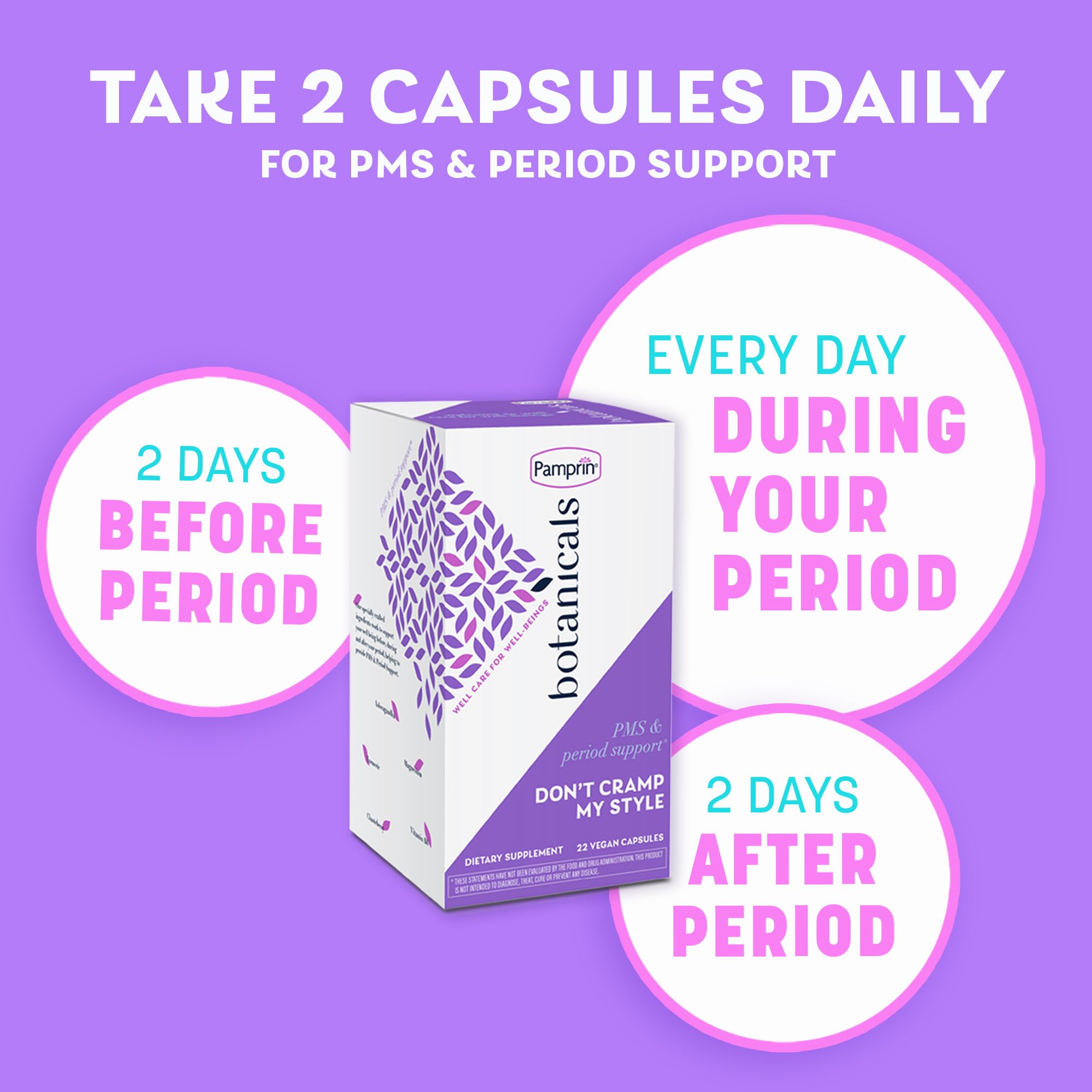 Pamprin Botanicals Supplement for PMS & Period Support, with Ashwagandha, Magnesium, Turmeric, Vitamin B6, Chasteberry, 22 Count — Amazon image 2