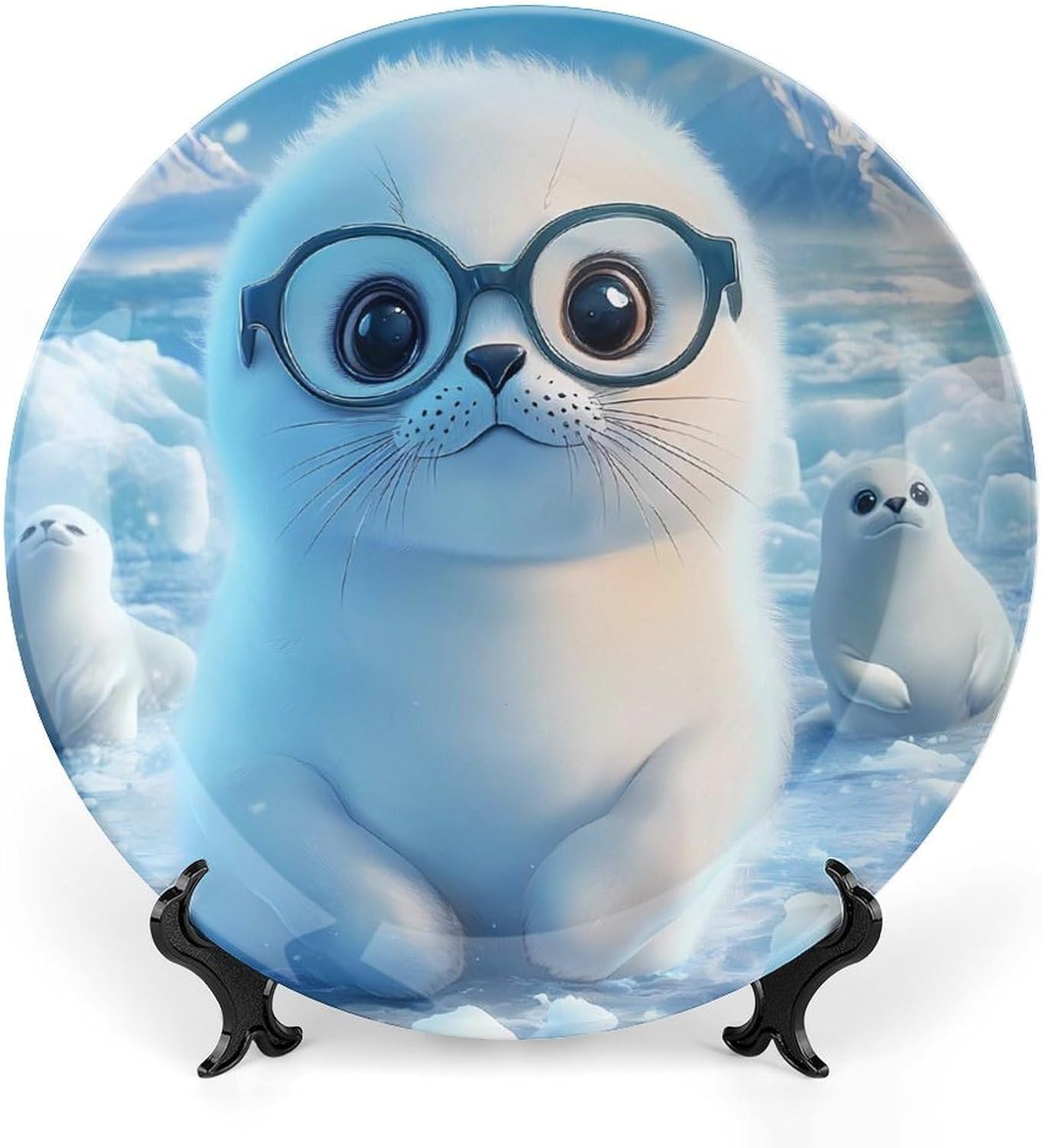 Seal-Pups Bone China Decorative Plate with Stand Home Dessert Plates Gift for Men Women 7inch