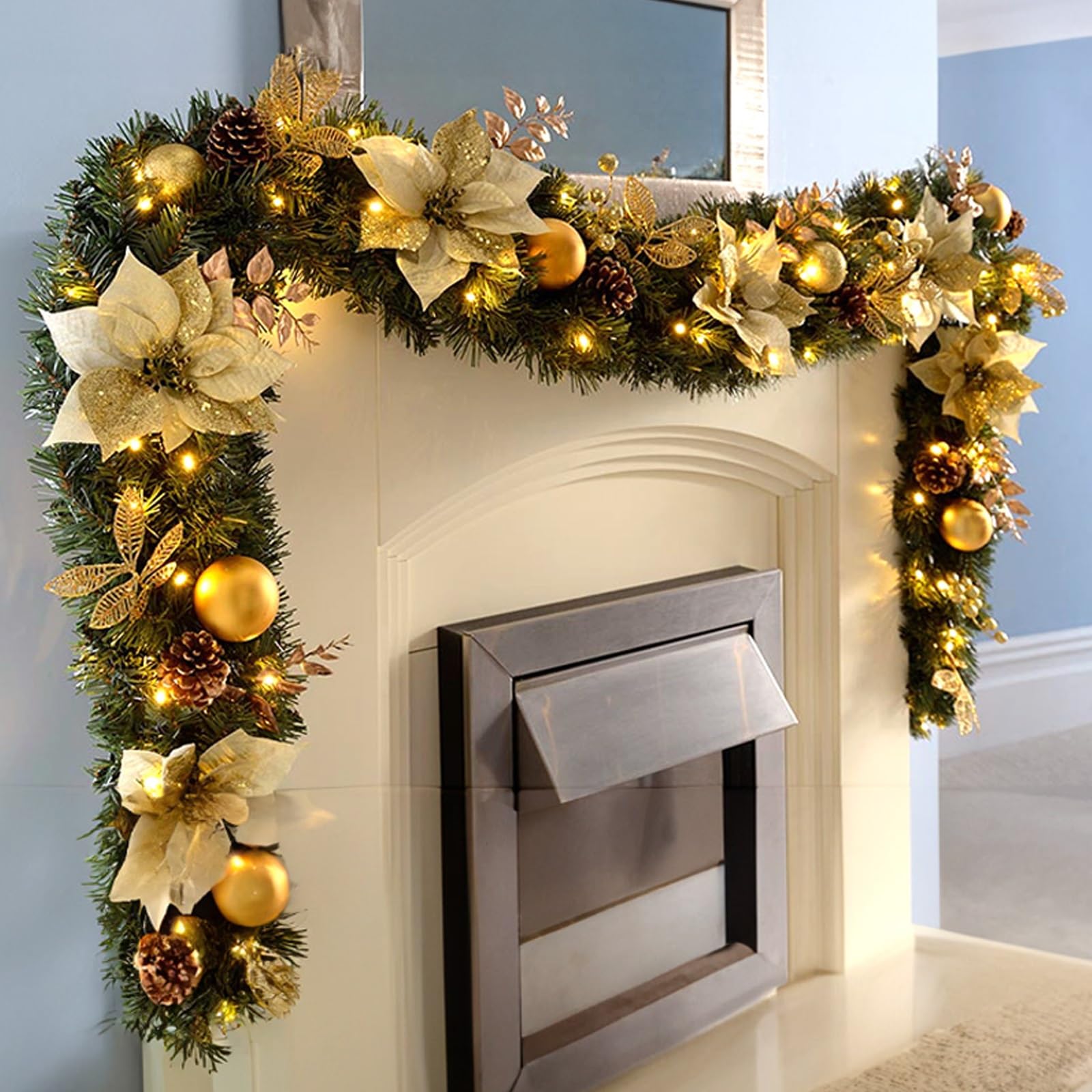 OPFdfhDFH Christmas wreaths, 9 FT Pre-lit Artificial Bushy Xmas Garlands, Mantle Garland with Pine Cones, Berries, Balls, Flower Decorations for Indoor/Outdoor/Home/Fireplace(Gold)