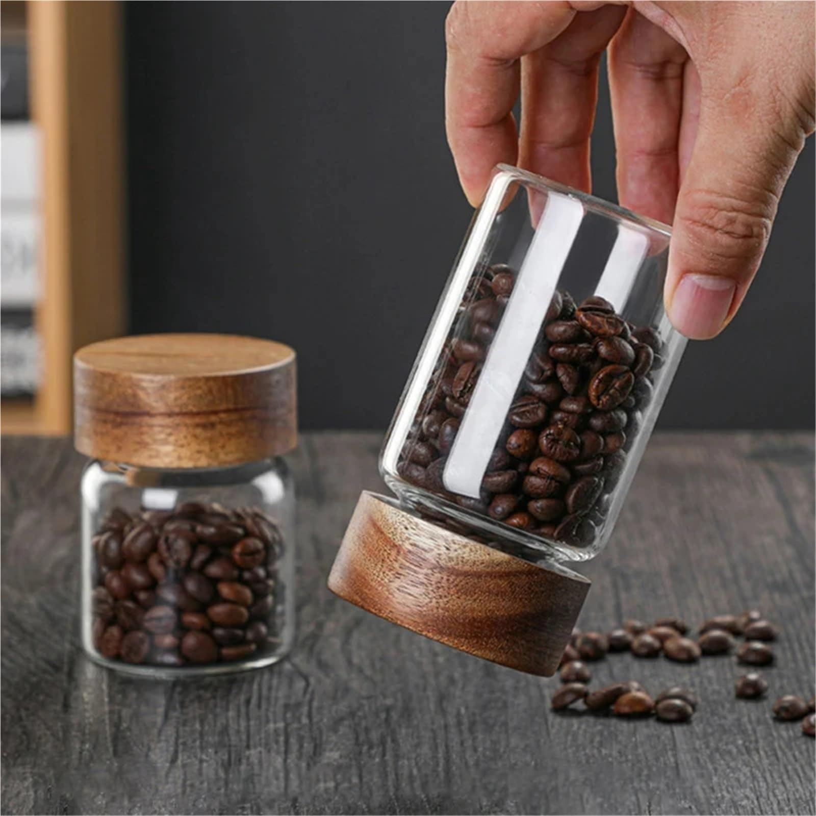 Glasgefäße mit Deckel, Küchen-Aufbewahrungsflaschen, Glas, Holzdeckel, luftdichter Behälter aus Glas, versiegelter Lebensmittelbehälter for Tee, Kaffeebohnen, Getreide, Süßigkeiten, Gläser, Organizer