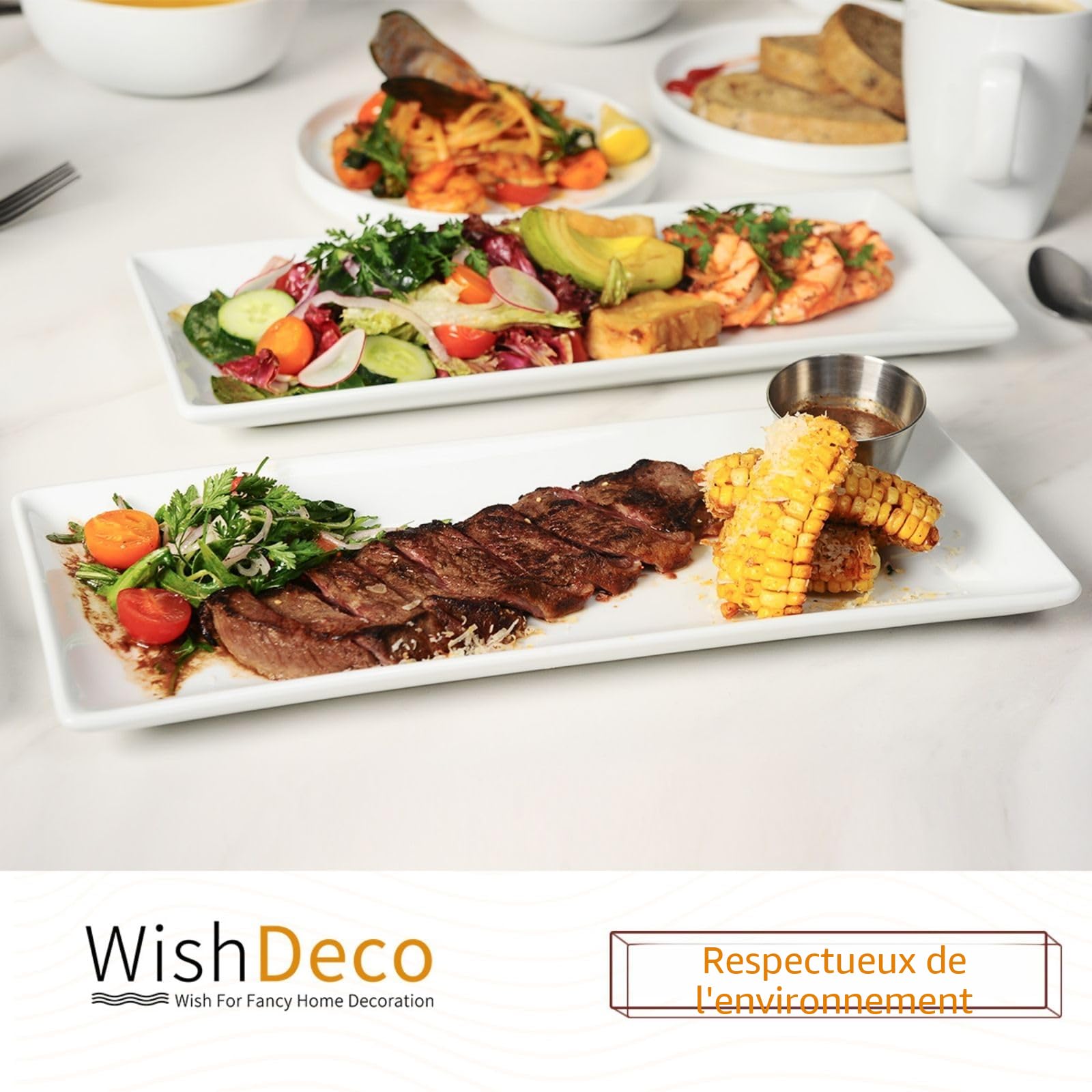 WishDeco Lot de 3 Plateaux de Service, Assiettes Rectangulaires Blanches 35x15 cm, Grandes Assiettes à Dîner en Porcelaine, Plateaux de fête pour Dessert, Buffet, Entrée, Steak