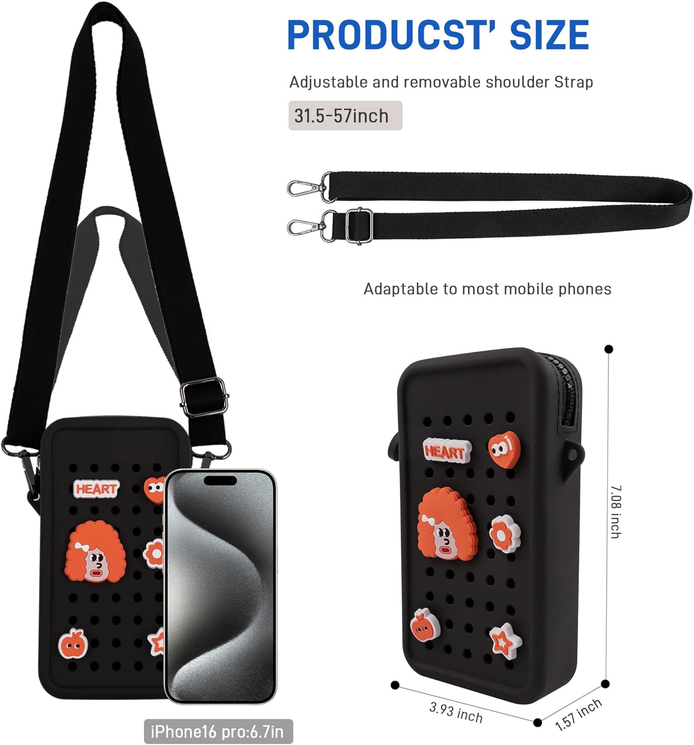 CANDY Small Crossbody Bag with Wide Shoulder Strap and Larger Holes for Charms – Adjustable, Stylish, and Comfortable Everyday Bag (Black)