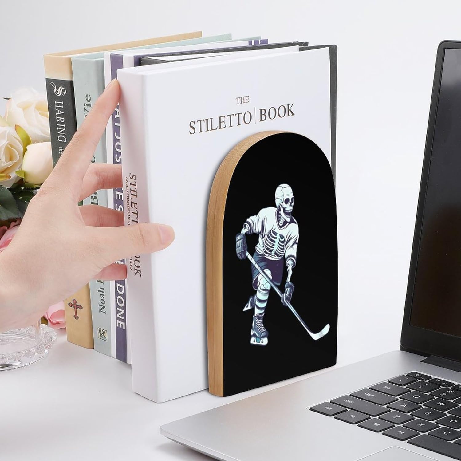 Skeleton Hockey Player Cute Wood Book Ends Decorative Bookends 1 Pair Non-Skid for Shelves Home Office 7 X 5 Inch