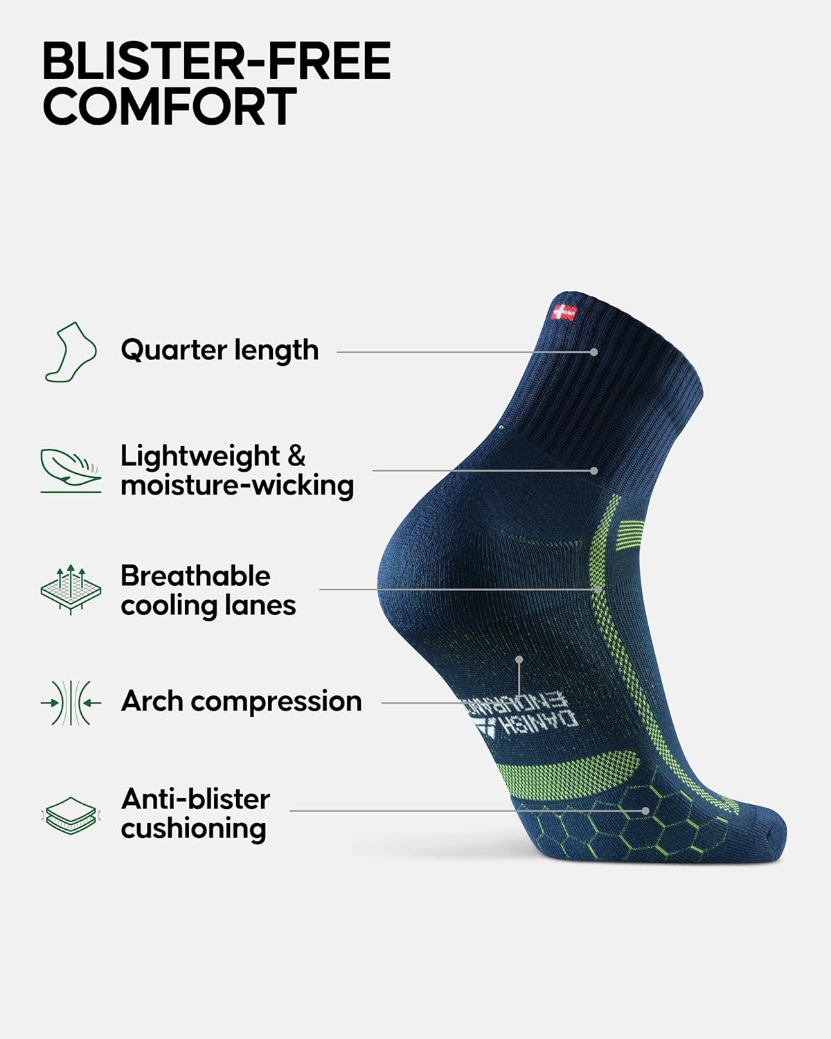 DANISH ENDURANCE Ultra-Comfort Quarter Running Socks, Performance Socks, Men & Women - 3 or 5 Pack - Image 2