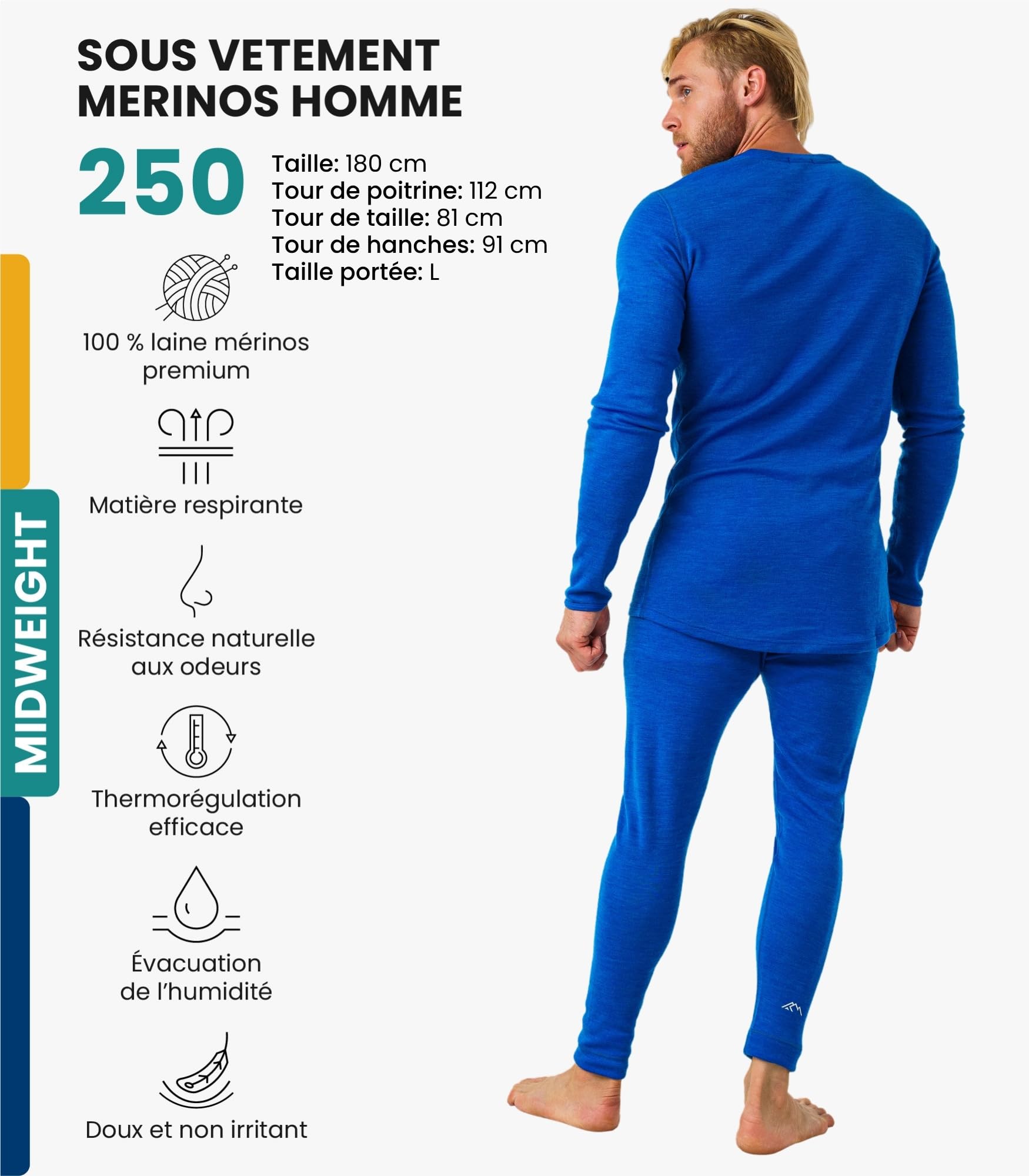 Merino.tech 100% sous Vetement Merinos Homme - Haut et Bas + Chaussettes (Medium, 250 Cobalt Blue)