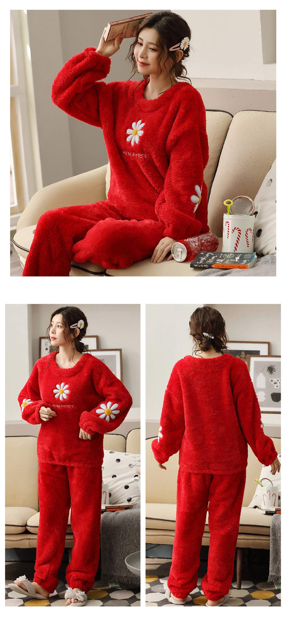 Pyjama Femme Hiver，Polaire Pyjama Hiver Chaud Rouge Velours Impression Pyjama Ensembles Filles Maison Flanelle Vêtements De Nuit Mode Doux en Peluche Vêtements De Nuit