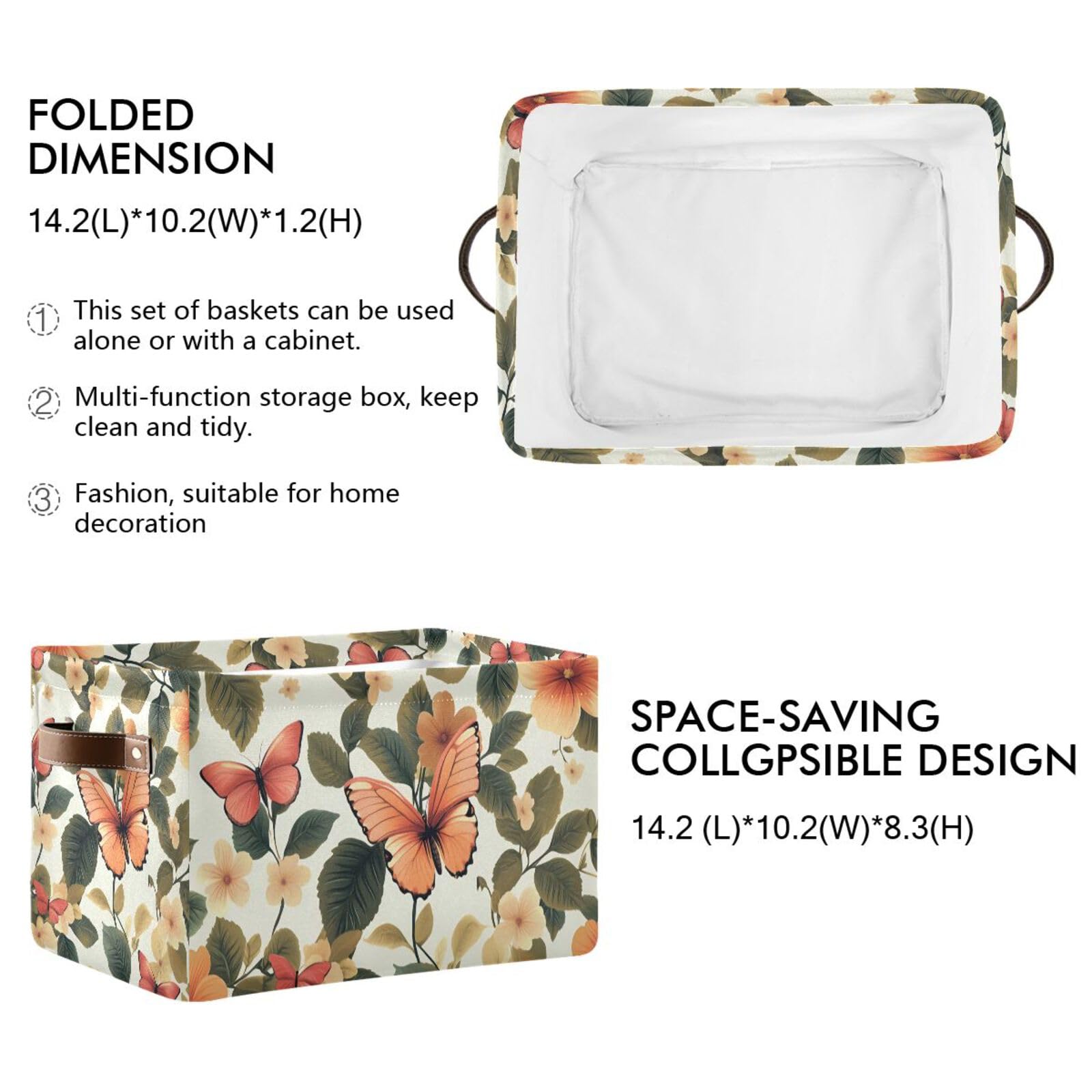 PaChyLuu Flowers and Butterflies Storage Basket Bin Canvas Fabric Organizer Toys Basket with Handles for Home Office Nursery, Clothes, Gifts, 2 Pcs