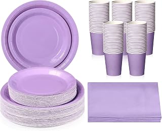 Qinyoung 100 Pcs Paper Disposable Plate Cup and Napkin Party Supplies Serve 25 Guest, Disposable Paper Dinnerware Set for Holiday Wedding Birthday Baby Shower Graduation Party Family Picnic (Purple)