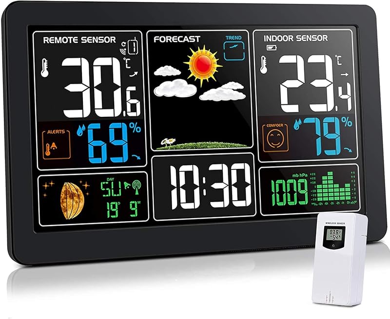 Home Weather Stations Wireless Indoor Outdoor Thermometer, Portable Digital Weather Clock Atomic, Bluetooth Color Forecast Station Estacion Meteorologica Weather Monitor with Alarm